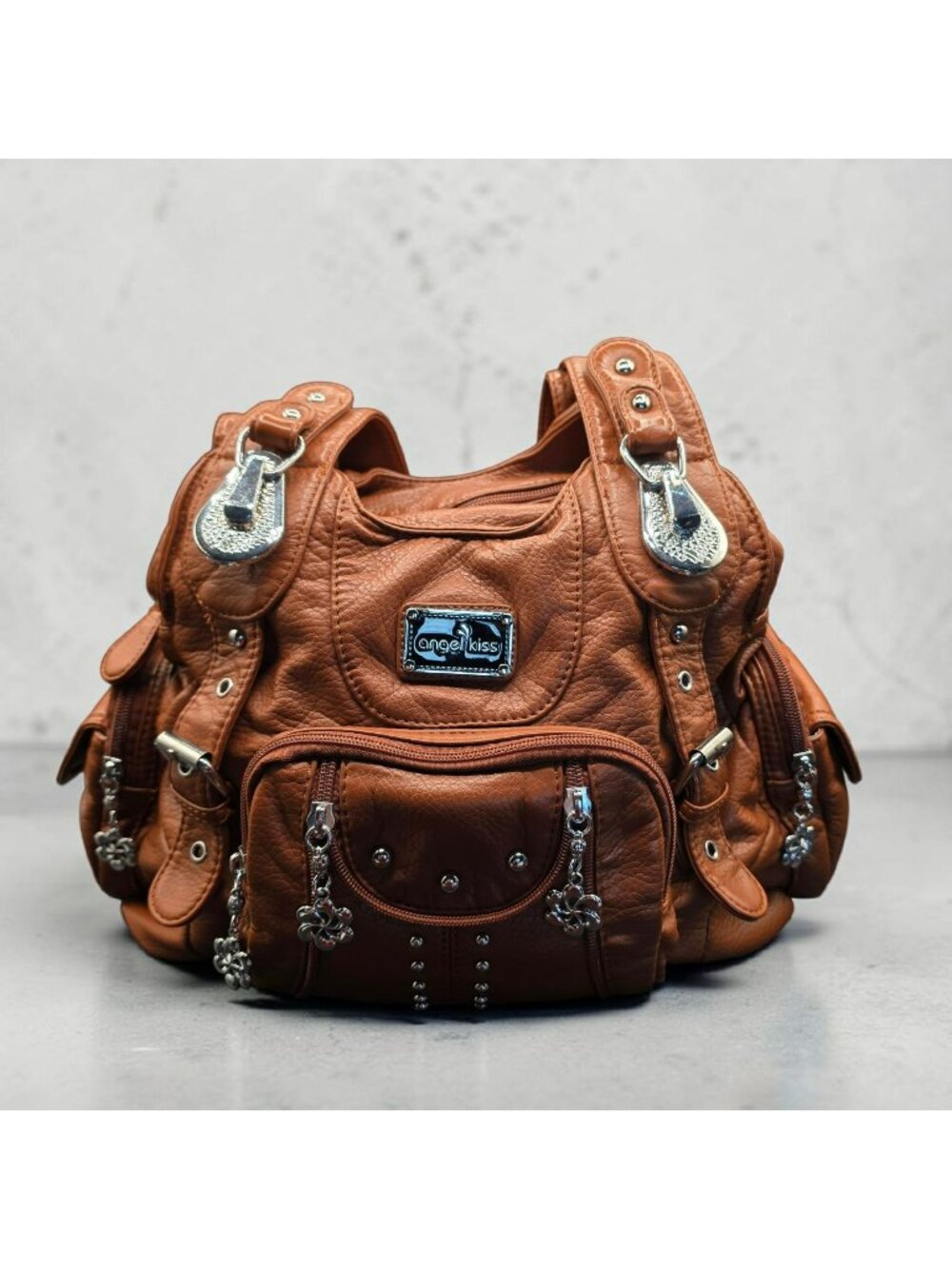 Angel Kiss Brown Leather Studded Handbag Floral Charms Multiple Pockets